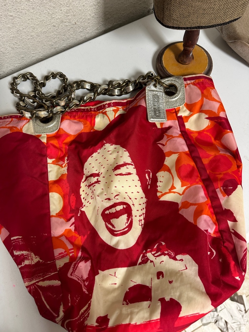 Coach Red, Cream & Pink Graphic Chain Tote
